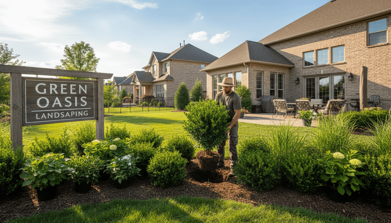 Professional landscaper installing privacy screens and hedges in a sunny residential backyard in Florida
