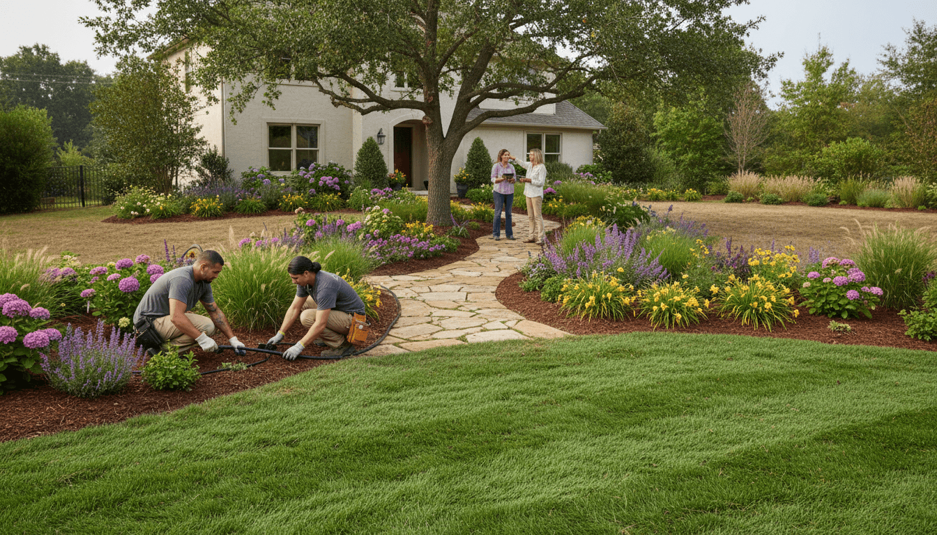 Professional landscaping installation with plants and privacy screens in a residential yard